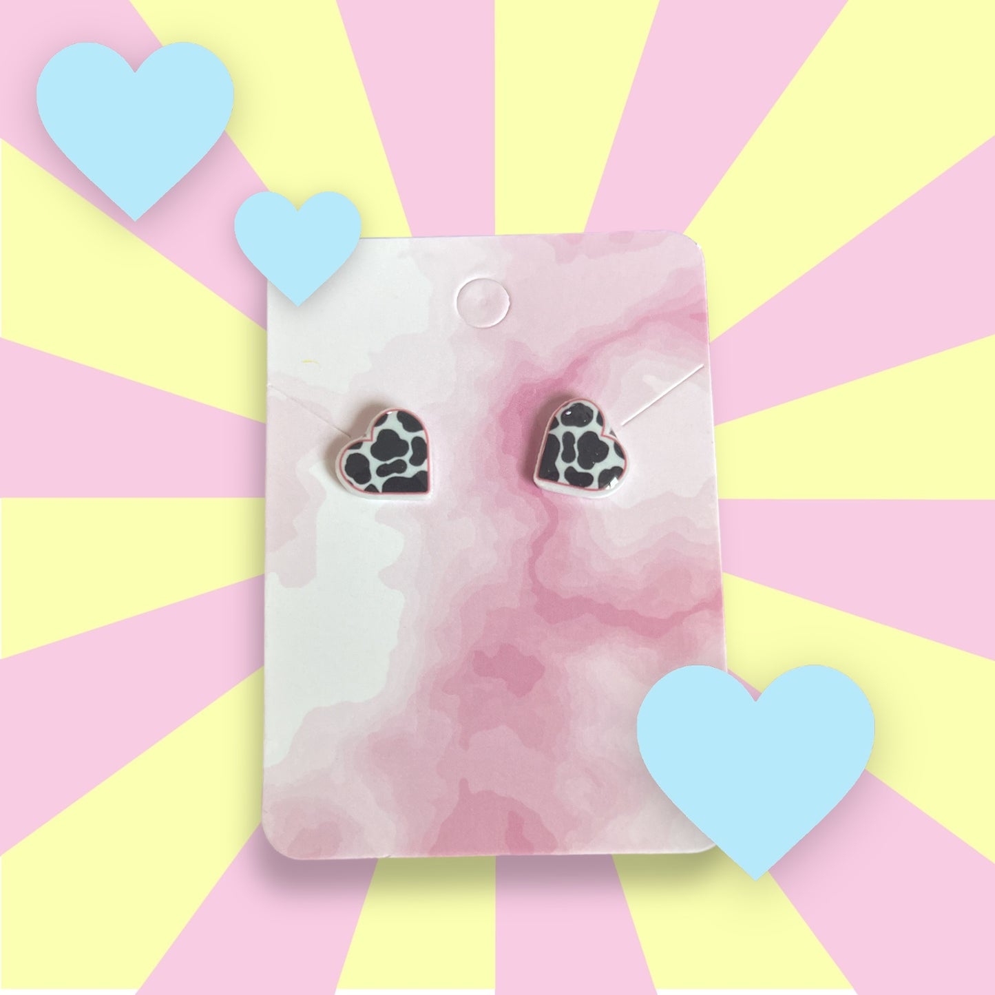 Heart Stud Earrings - Cow Print